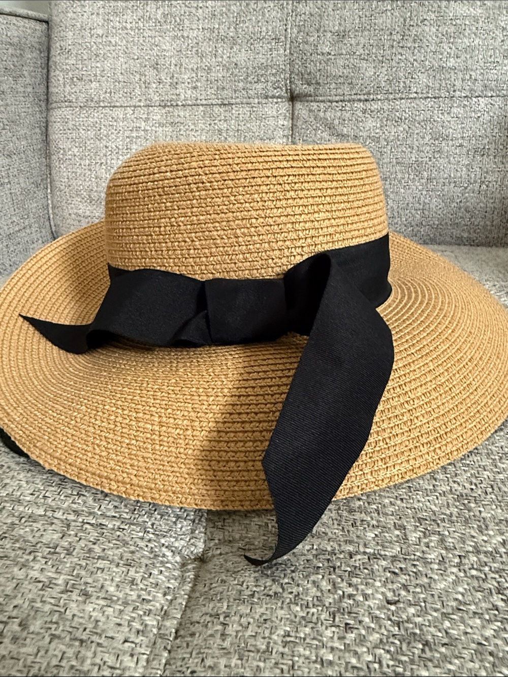 Wide Brim Straw Sun Hat with Black Ribbon Band